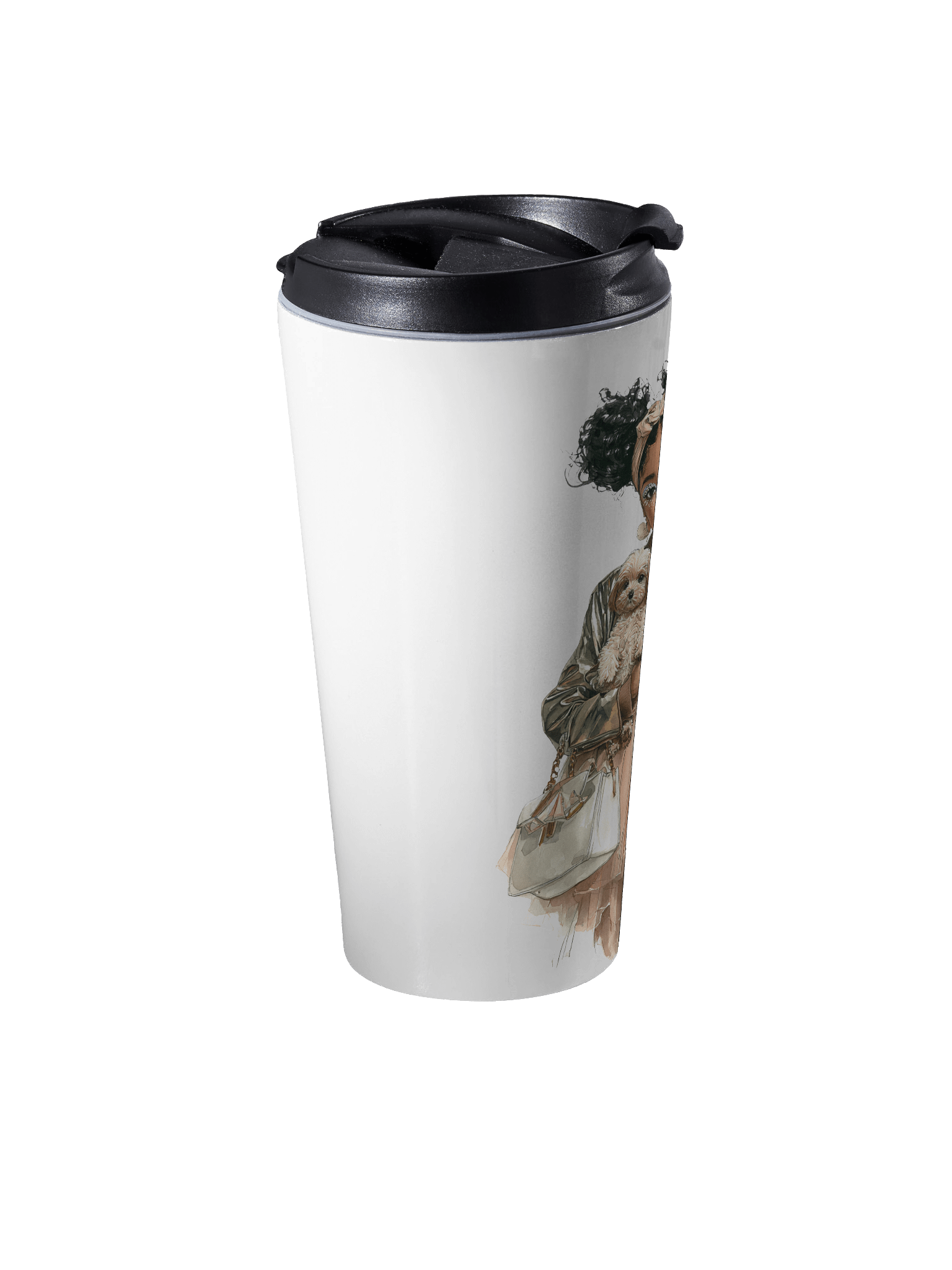 Chic Black Girl & Pup Stainless Steel Travel Mug | Fashion Illustration Tumbler (15 oz) product image (2)