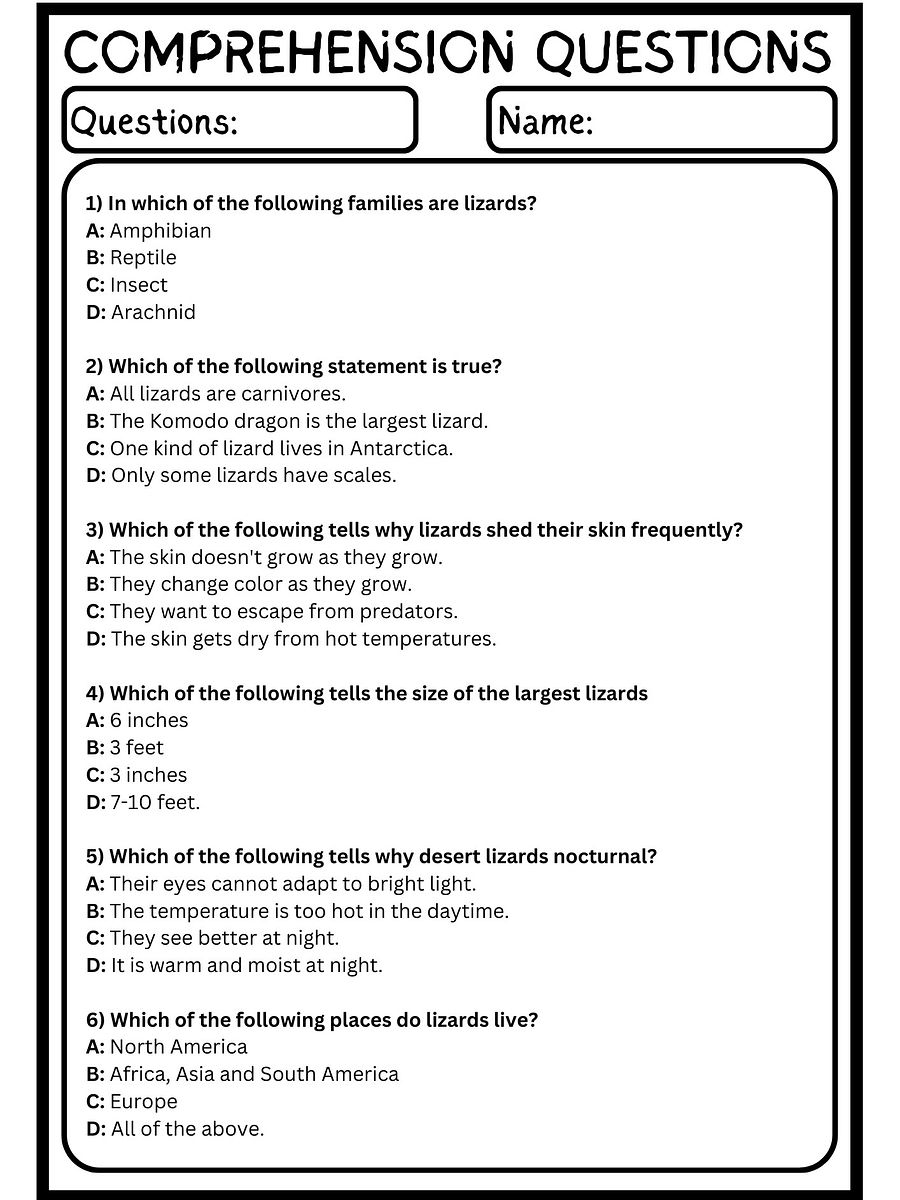 lizards READING COMPREHENSION | MULTIPLE-CHOICE QUIZ & ANSWER KEY product image (3)