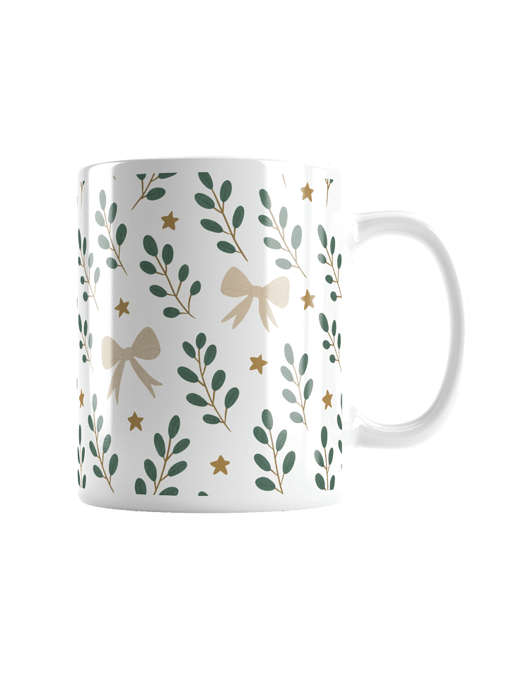 White glossy mug ribbons & stars botanical Christmas. Elegant botanical holiday mug product image (4)