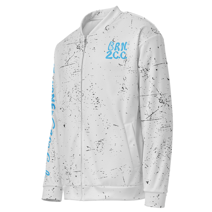 All-Over Print Bomber Jacket | Coastal Cool, City Bold | BOURNE to Cape Cod™ + BRN.2C.C.™ Style | Deep Sky Blue Logos on Distressed White product image (3)