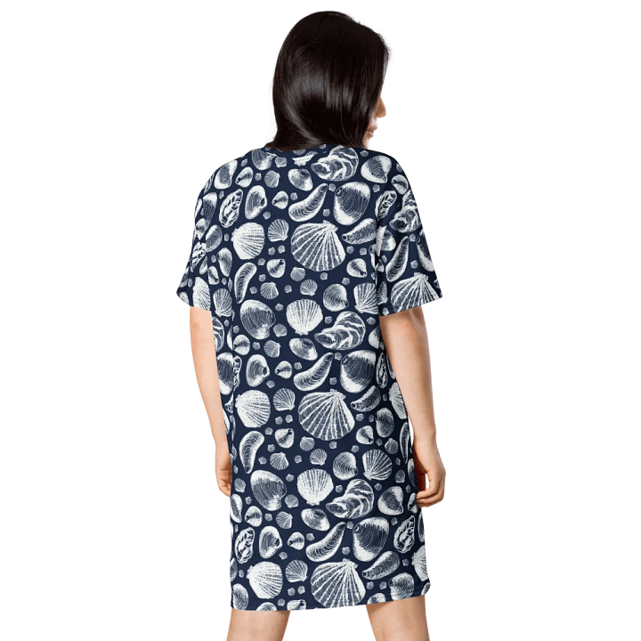 Women's | New England Tidal Treasures | T-Shirt Dress | Seashell Print, Oversized & Comfy | White on Dark Blue product image (2)