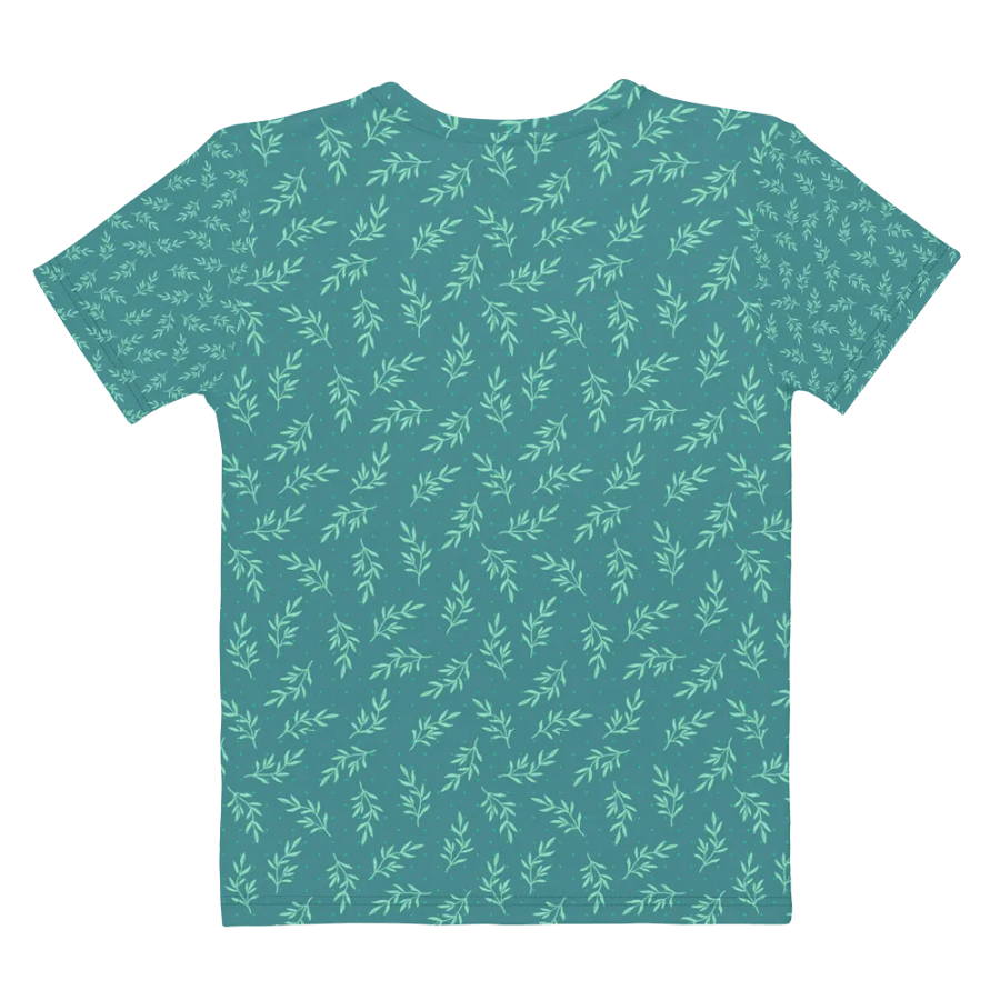 Ladies T shirt all over print teal color  leafy design  giving a fresh healthy feel. product image (8)