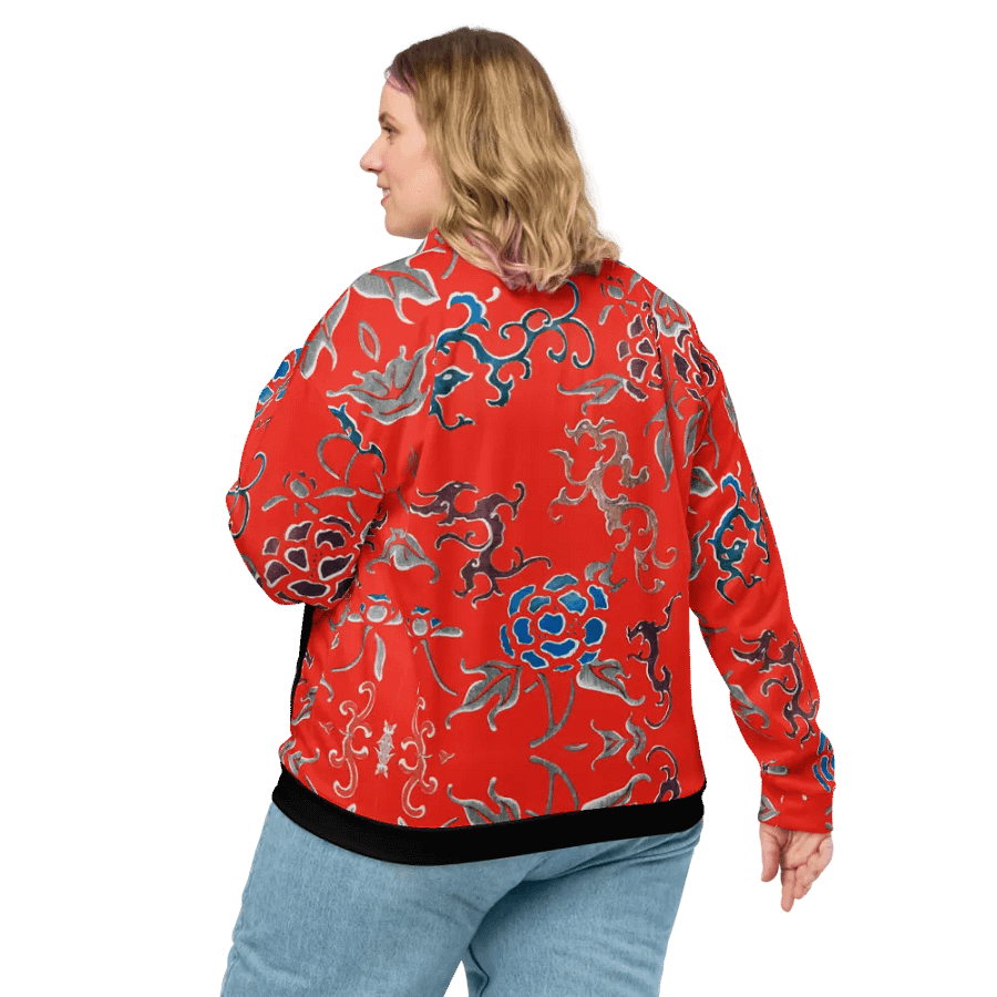 Red Oriental Floral Zip-Front Unisex Bomber Jacket product image (5)