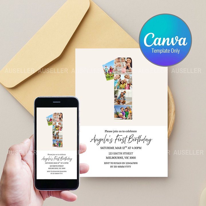 1st Birthday Photo Collage Editable Invitation Template product image (1)