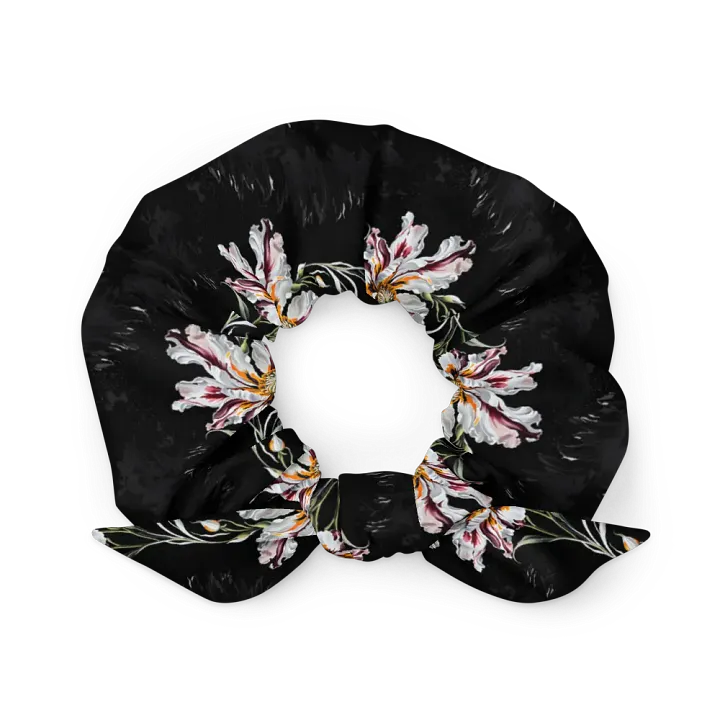 Hair Scrunchie - Painted Pink Flowers on a Black Background product image (2)