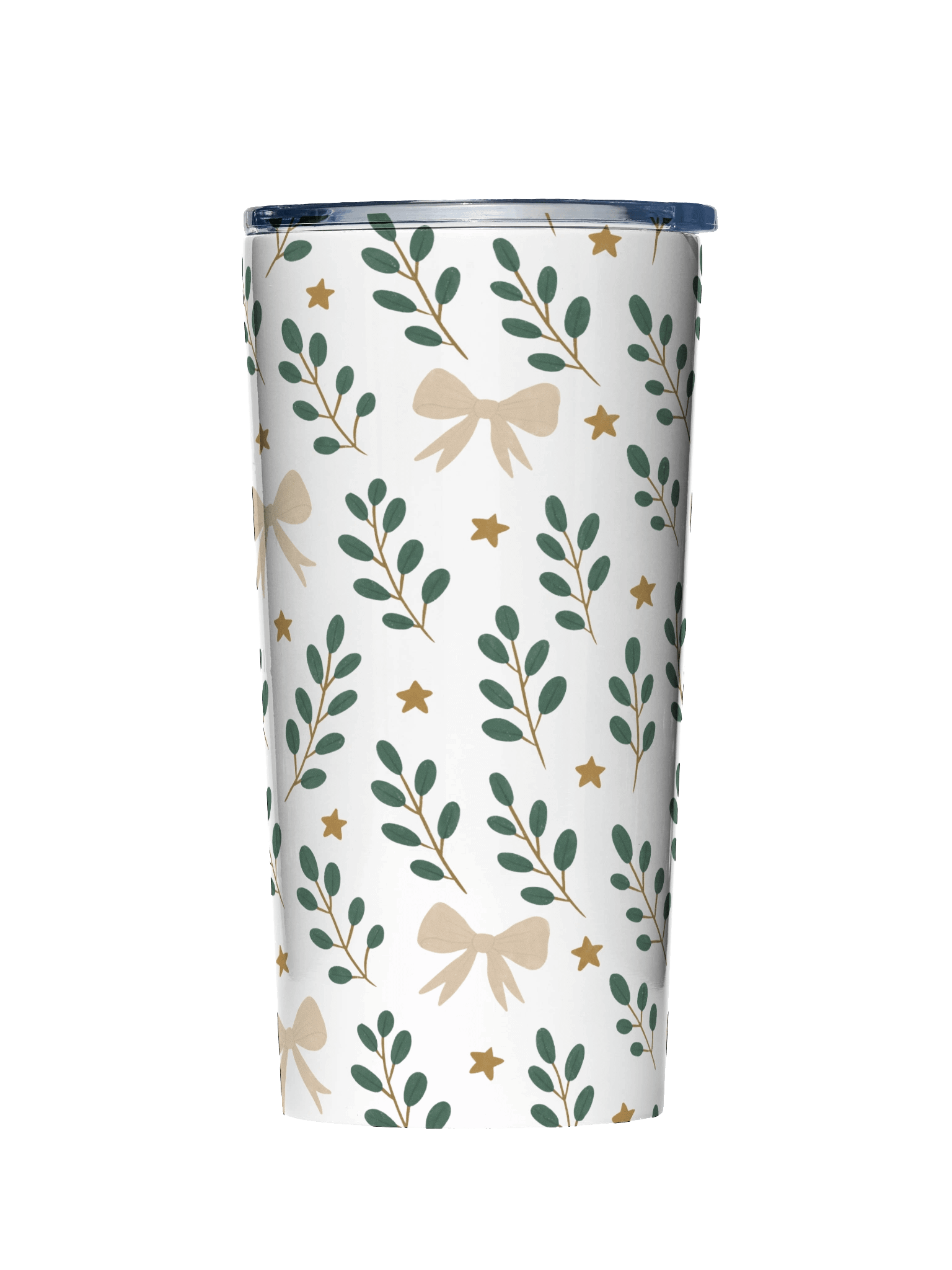 Stainless steel tumbler ribbons & stars botanical Christmas. Elegant holiday insulated drinkware product image (1)