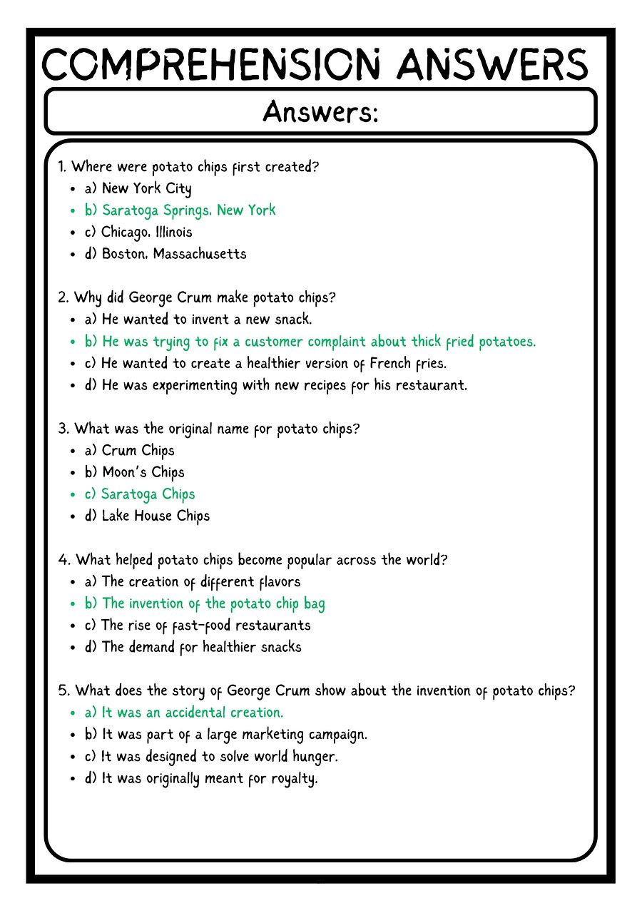 History of Potato Chips READING COMPREHENSION WITH 5 QUESTIONS PDF WORKSHEET product image (4)
