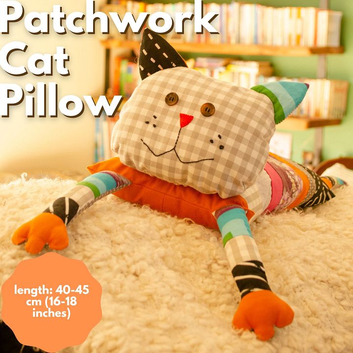 Stuffed Patchwork Cat Pillow, Toddler Stuffed Plush Cat Toy product image (1)