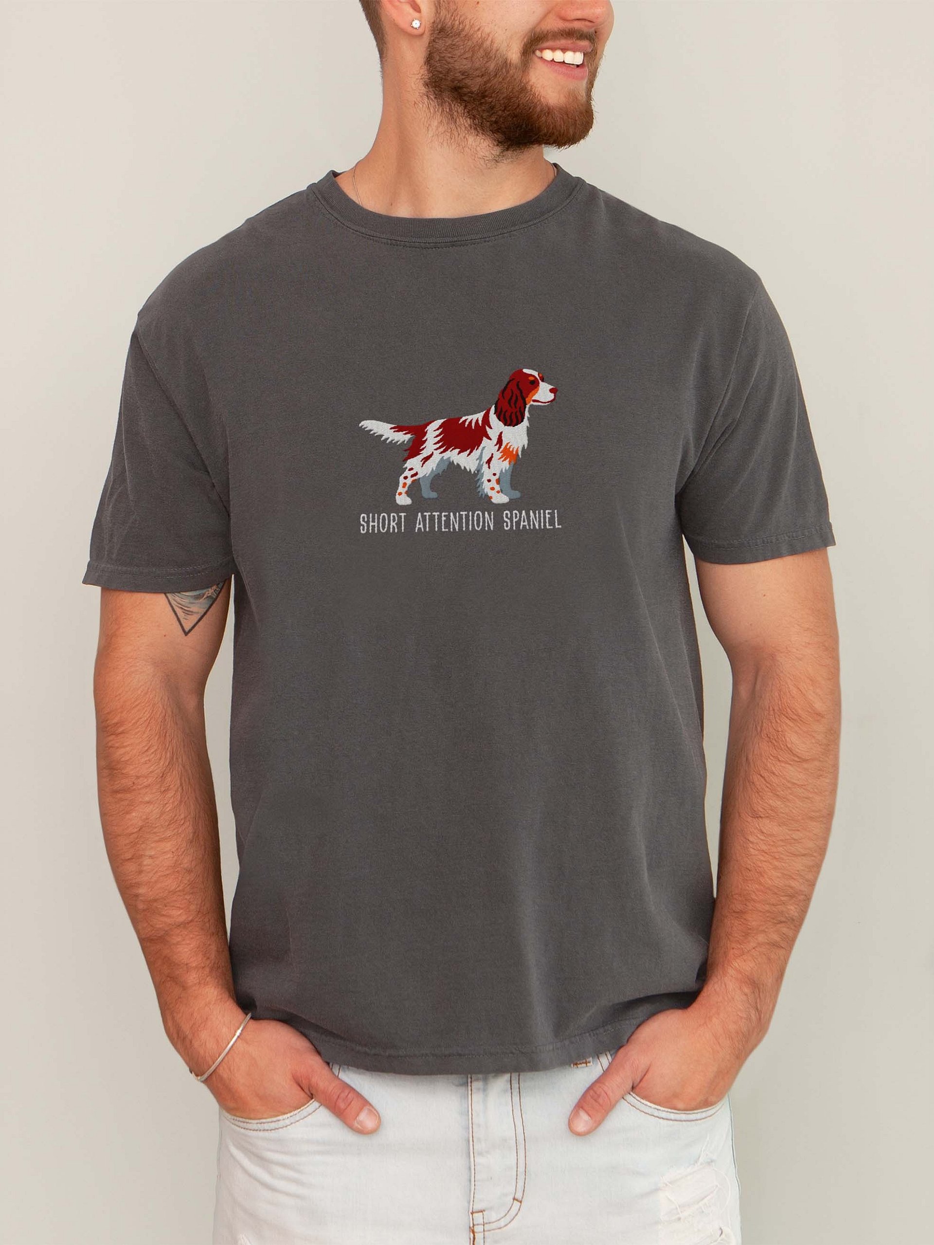 Short Attention Spaniel T-Shirt(Embroidered) of a Springer Spaniel(Liver Tricolor) product image (2)