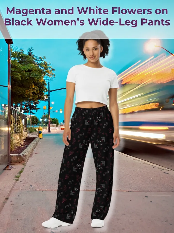 Magenta and White Flowers on Black Unisex Wide-Leg Pants product image (1)