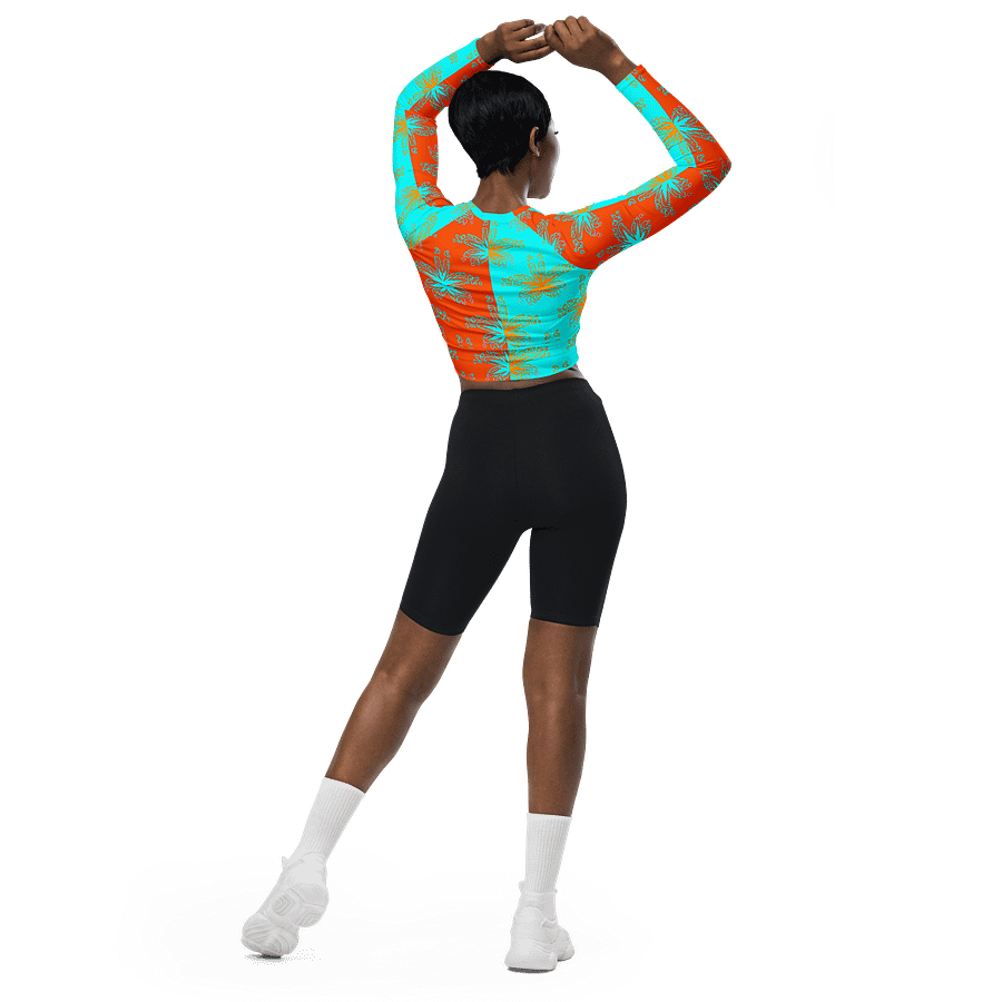 Cannabis Beach Recycled Long-Sleeve Crop Top, Summertime Stoner Twisted Circus Stripes Shirt, Orange Aqua Blue Weed Leaf Pattern Clothing product image (6)