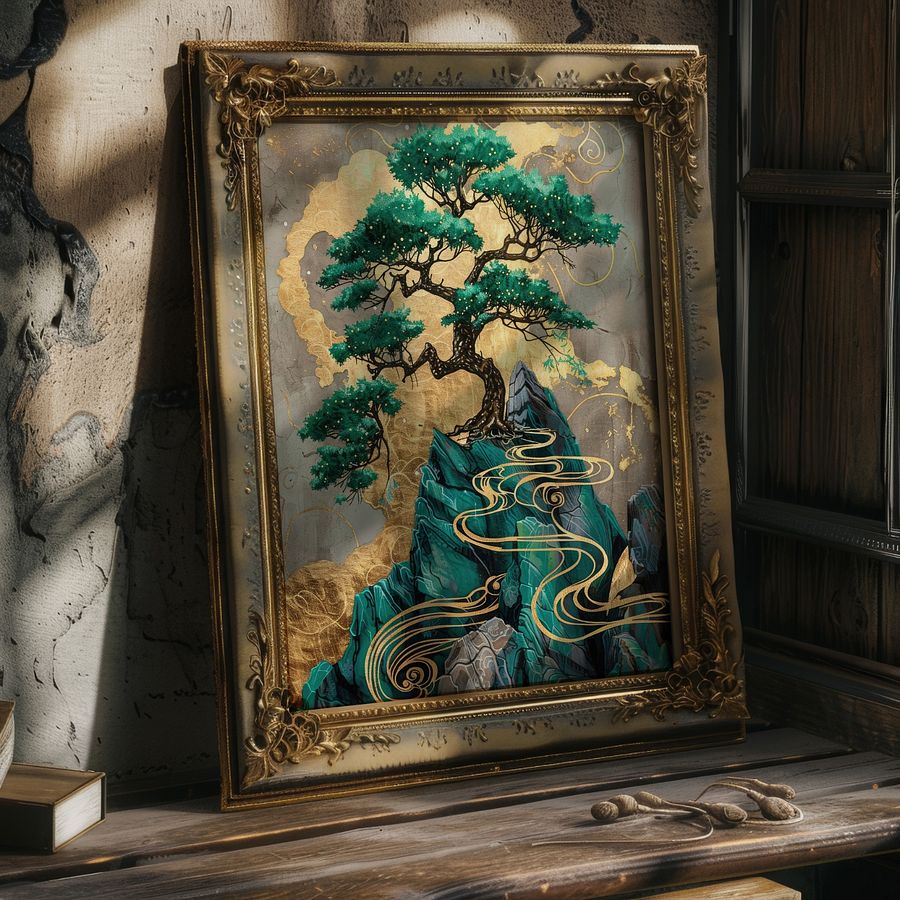 Emerald Green& Gold Kintsugi Bonzai Tree Japanese Art Print product image (26)