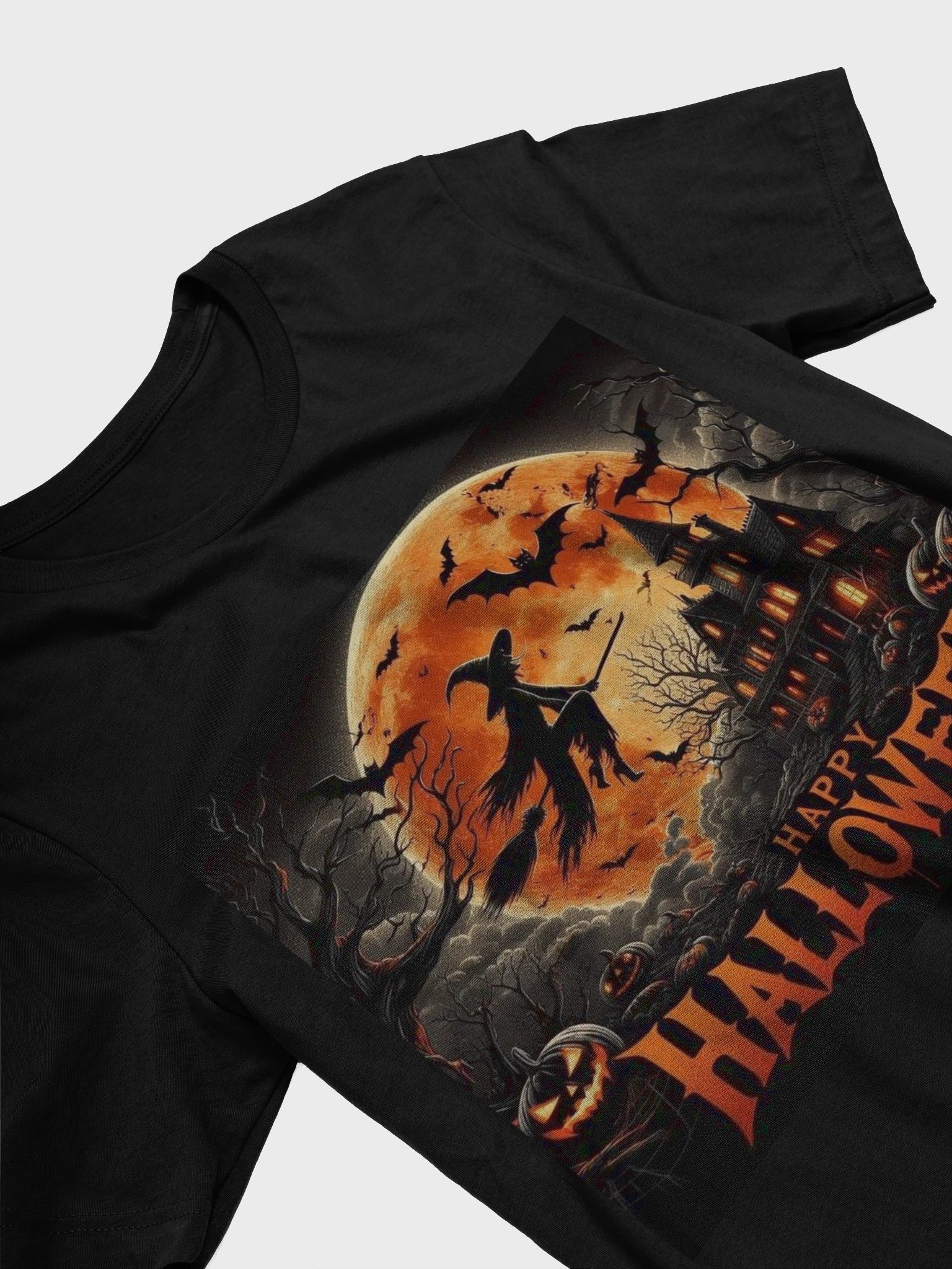 Flying Witch with Haunted House and Full Moon Halloween Scene T-Shirt product image (2)