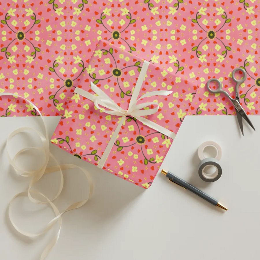Hearts and Flowers Pink Wrapping Paper product image (12)