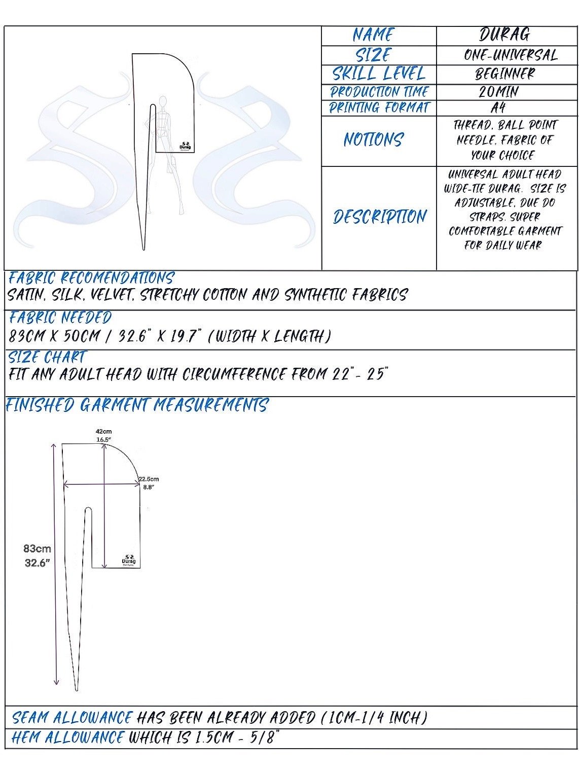 Unisex Durag - Digital Sewing Pattern product image (2)