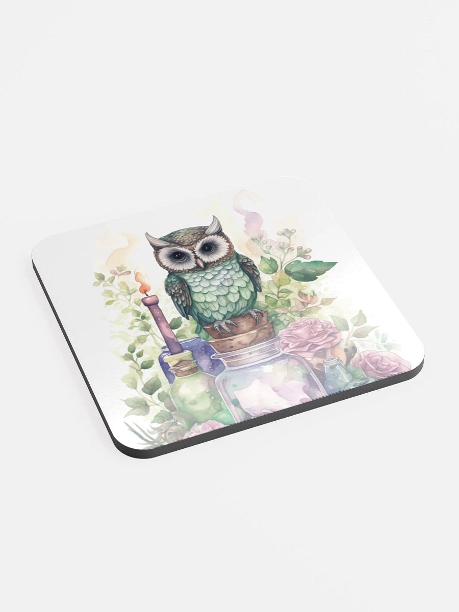 Glossed Cork Coaster 🦉 Peaceful Green with a Hint of Pink - Owls Vibes - Motif 4 product image (2)