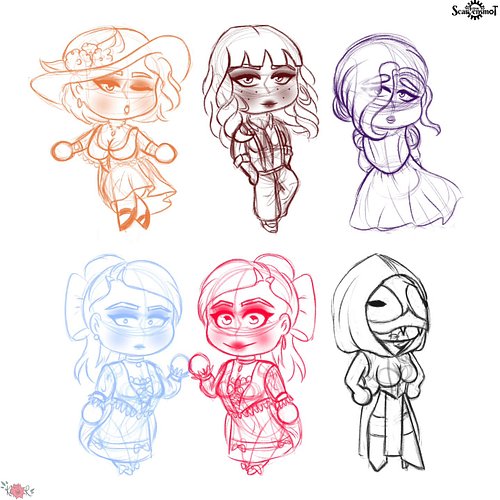 I plan to render them at some point cause they're too cute to leave as sketches, but here's close-ups of my Grayward girls fr...