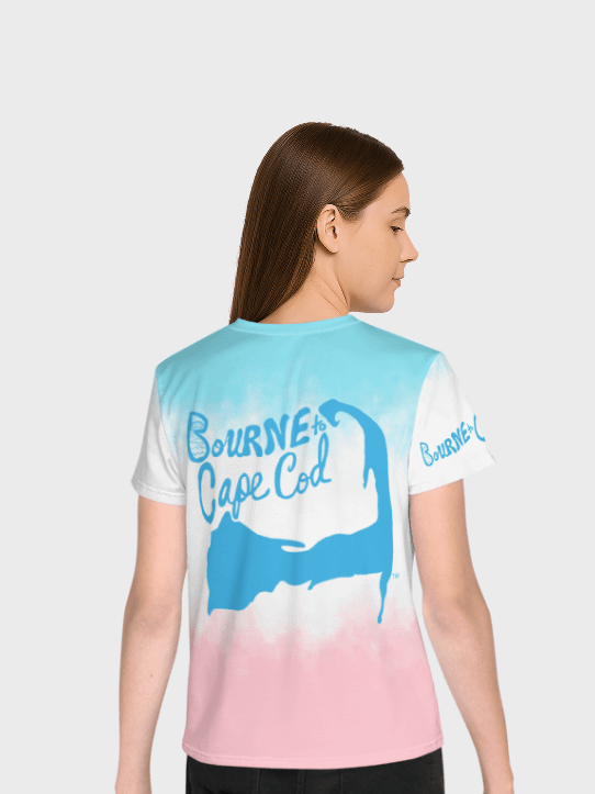 🦩YOUTH | Girls’ | BOURNE to Cape Cod™ | Logo Tee – All-Over Print | BRN.2C.C.™ | Coastal Cutie Vibes💖 | Blue Logo on Patriotic Pastels product image (2)