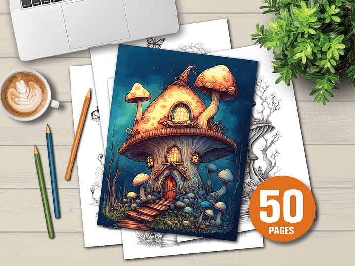 50 Magical Mushroom Houses Coloring Pages With Commercial Rights product image (1)