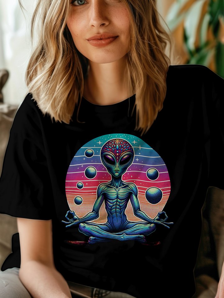 👽✨ Zen Alien Goddess T-Shirt – Meditating Extraterrestrial in Cosmic Colors | Boho Space Vibes Tee product image (1)
