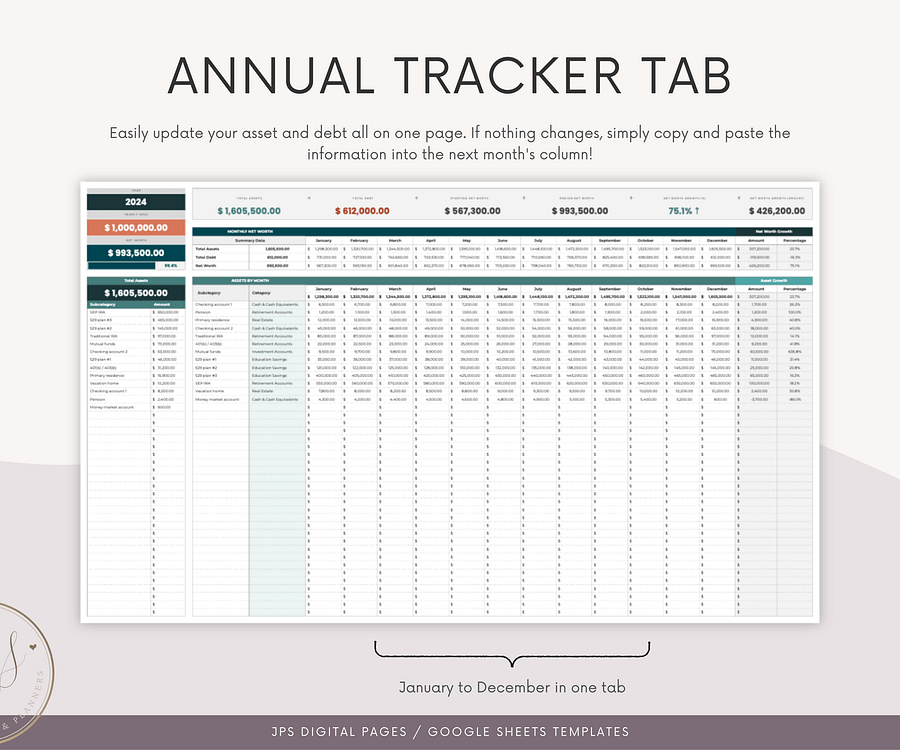 Net Worth Tracker Template, Multi-Year Dashboard Spreadsheet, Google Sheets Template, Net Worth Yearly Calculator, Investment Tracker product image (5)