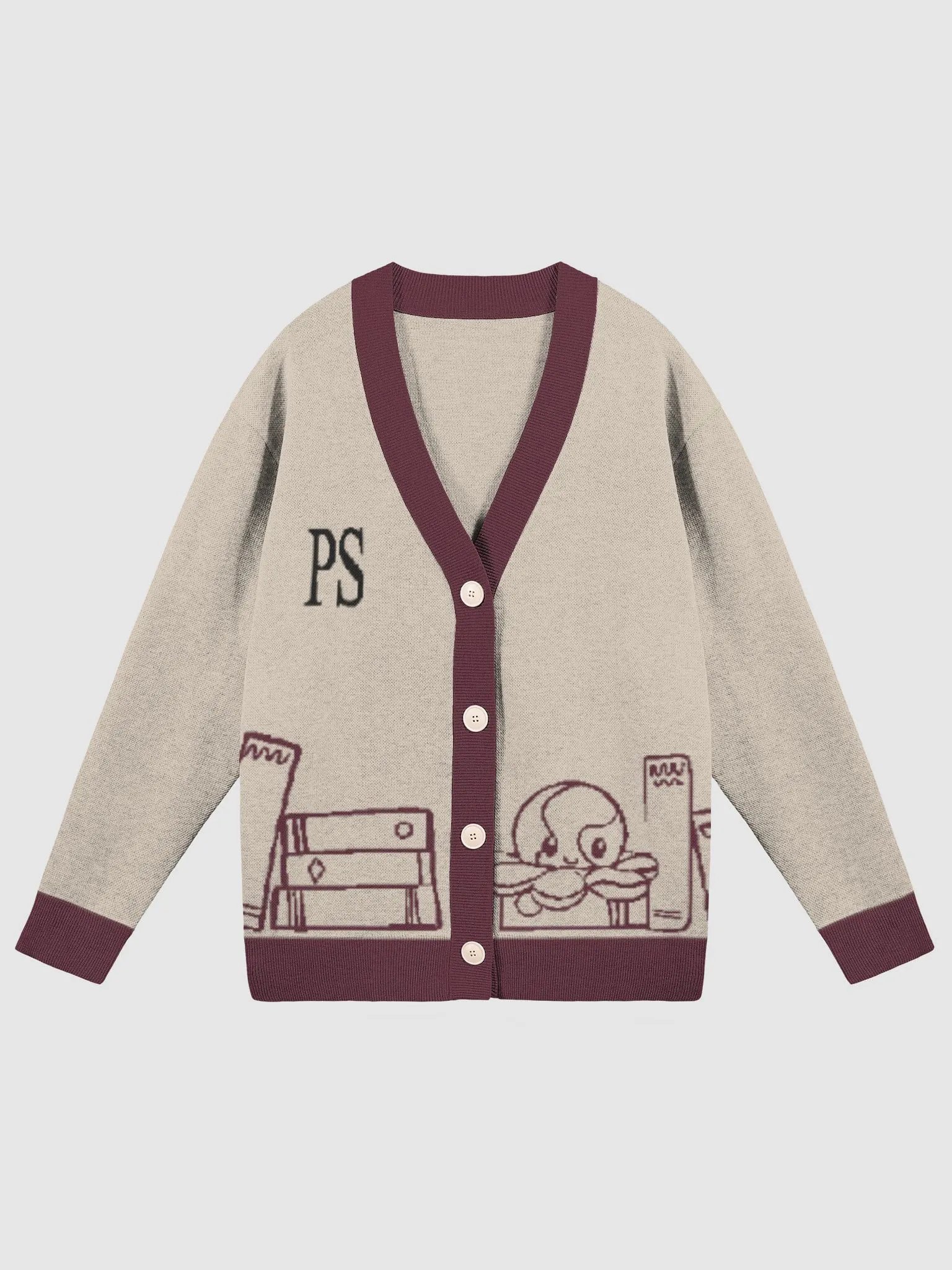 Squiddleton Cardigan - Taupe With Bergundy Print product image (1)