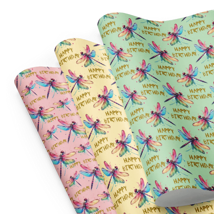 Happy Birthday Dragonflies Gift Wrapping Paper 3 Sheet Set #1 product image (1)