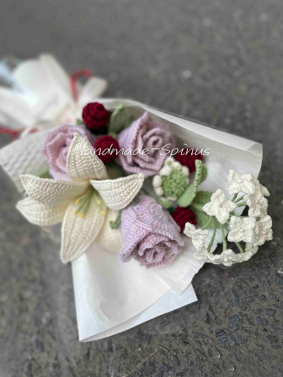 Pink Roses, Lilies And Red Crochet Knit Bouquet product image (5)