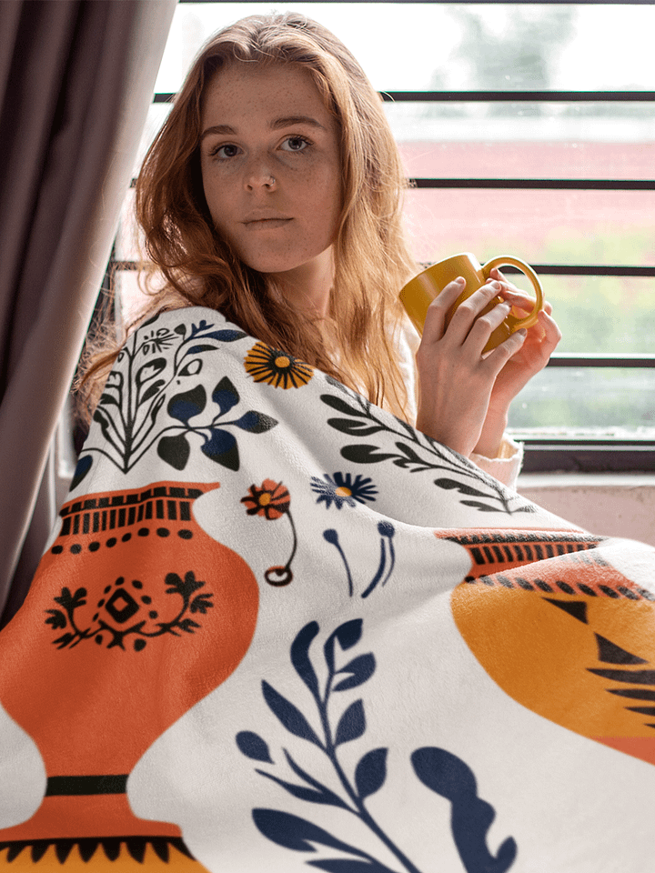 Greek Amphora Bloom: Folk Art Throw Blanket product image (1)