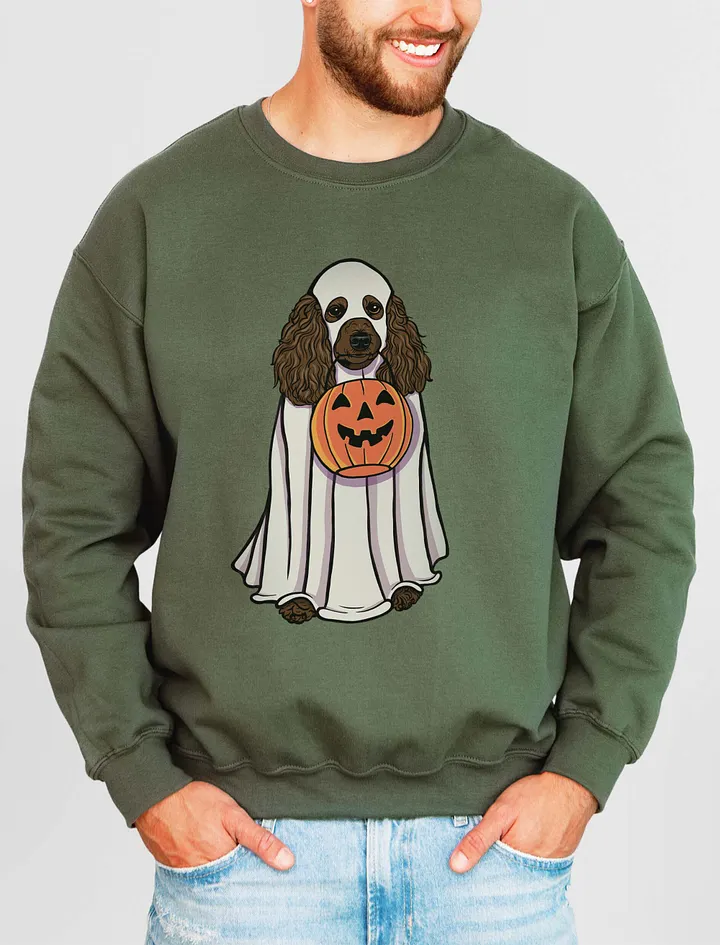 Funny Halloween Poodle(Chocolate) Sweatshirt | Funny Papillon Wearing a Ghost Costume and Holding a Pumpkin Basket product image (15)