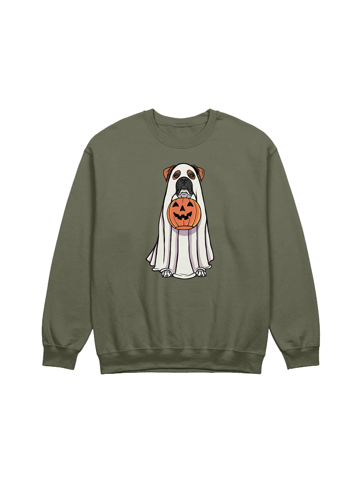Funny Halloween Boxer Dog(Black Mask) Sweatshirt | Funny Boxer Wearing a Ghost Costume and Holding a Pumpkin Basket product image (1)