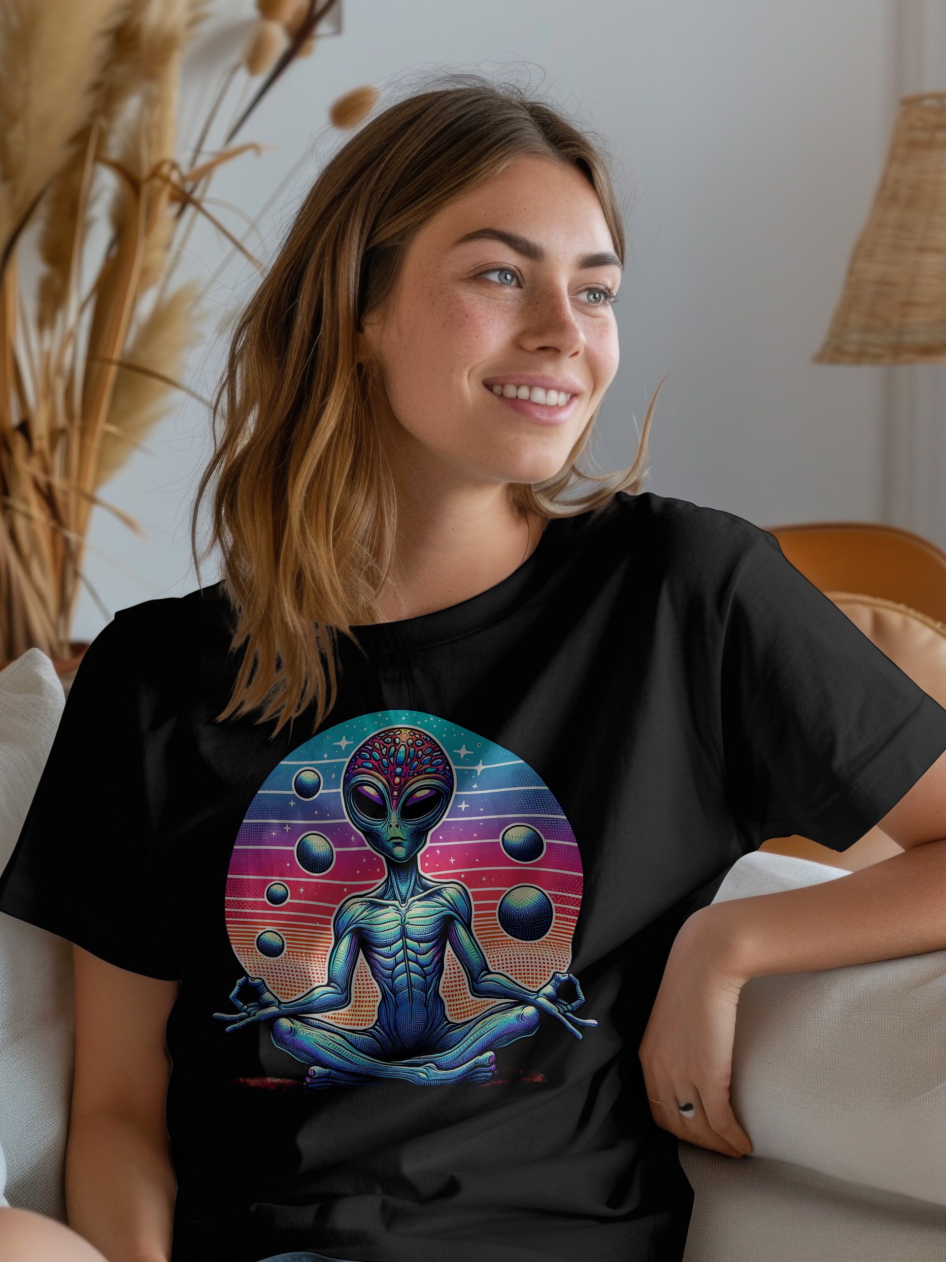 👽✨ Product Title (SEO-Optimized) Zen Alien Goddess T-Shirt – Meditating Extraterrestrial in Cosmic Colors | Boho Space Vibes Tee product image (3)
