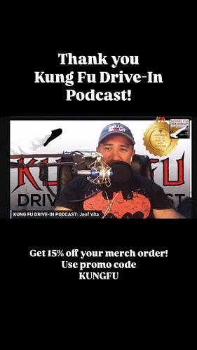Much love to Jeof and the crew of the @kungfudriveinpodcast for showing us love and rocking our merch on their latest episode...