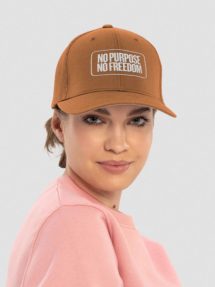 Monochrome QR Code Trucker Hat | text no purpose no freedom product image (9)