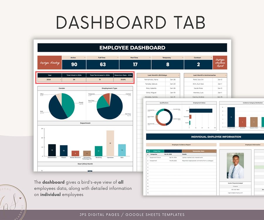 750+ Employee Directory Spreadsheet, Google Sheet Template, Employee Photo Directory, HR Dashboard, Incident Report and Extended Database product image (6)