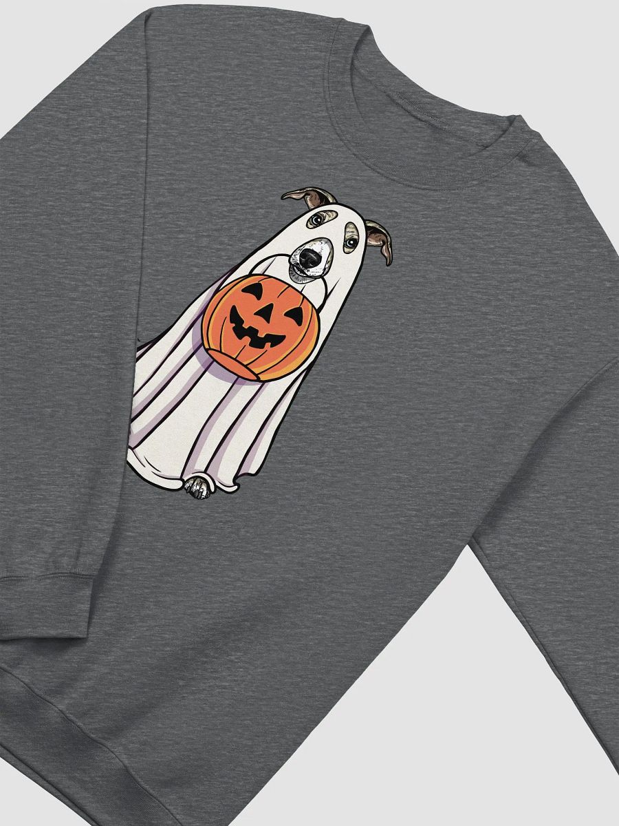 Funny Halloween Whippet(Fawn Brindle) Sweatshirt | Funny Dog Wearing a Ghost Costume and Holding a Pumpkin Basket product image (8)