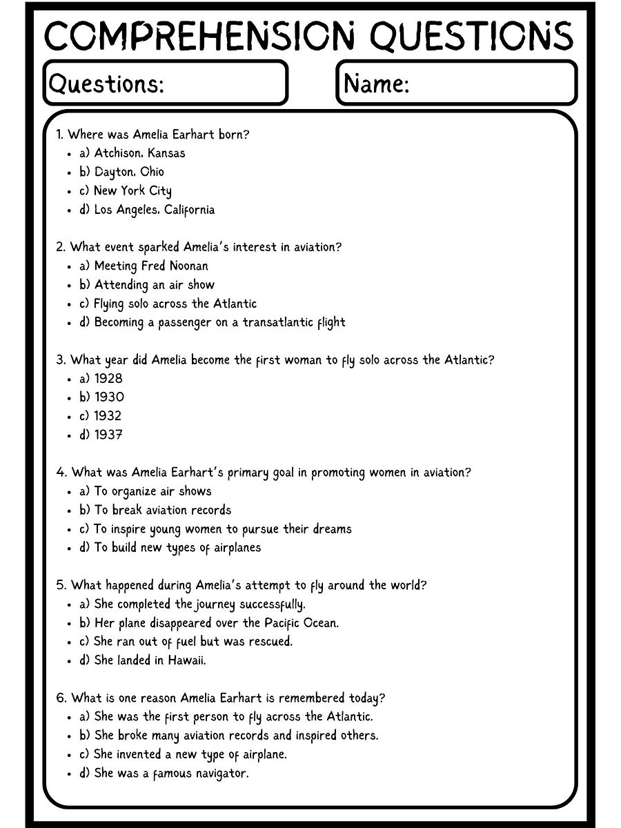 Amelia Earhart READING COMPREHENSION WITH 6 QUESTIONS PDF WORKSHEET product image (3)