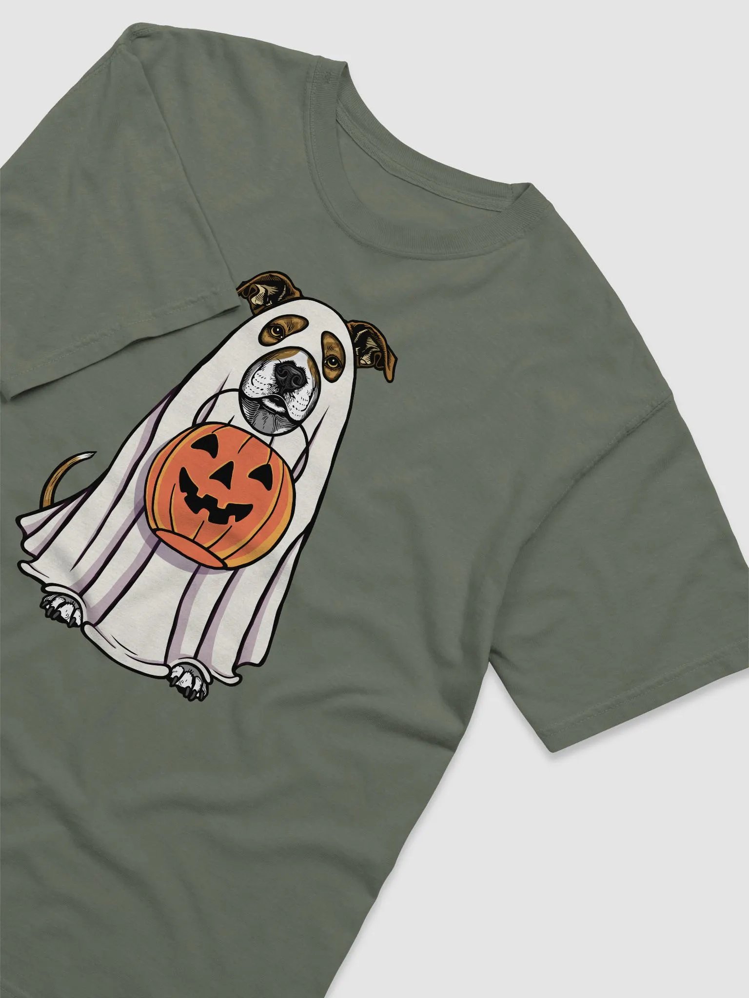 Funny Halloween Pitbull Terrier(Brindle) T-Shirt | Funny Pittie Wearing a Ghost Costume and Holding a Pumpkin Basket product image (14)