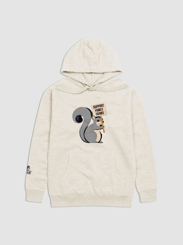Super Soft Hoodie: Support Family Farms, sign and squirrel, logo on back product image (1)