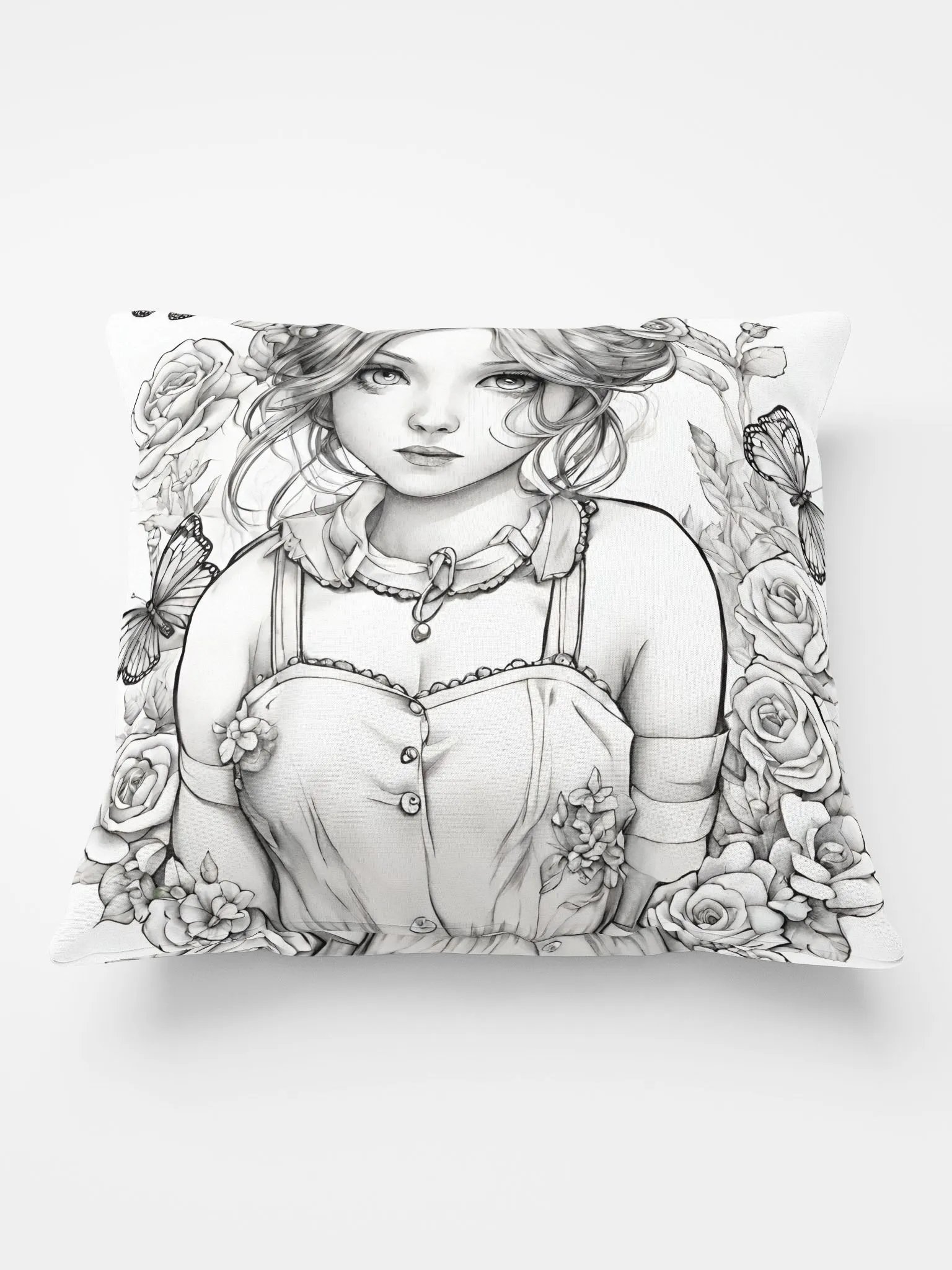 Monochrome Girl, Roses and Butterflies Design Pillow product image (2)