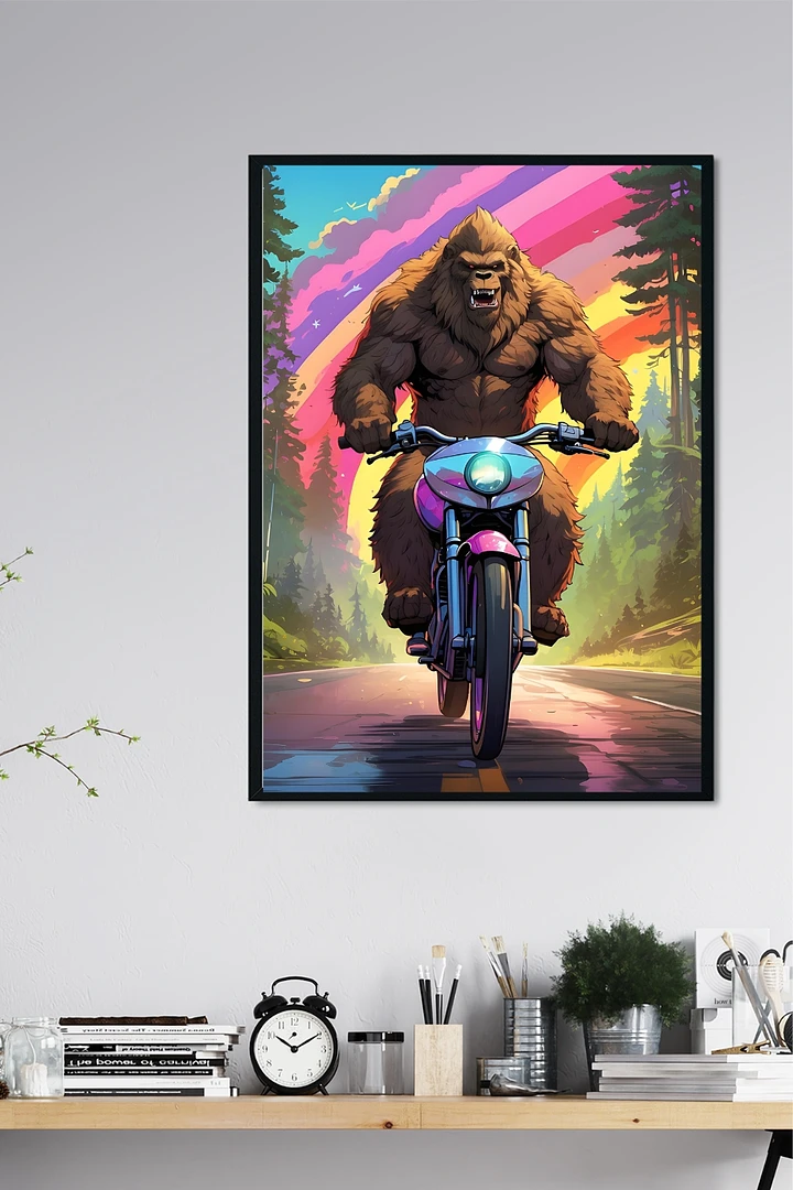 Bigfoot Riding a Motorcycle Framed Poster product image (1)