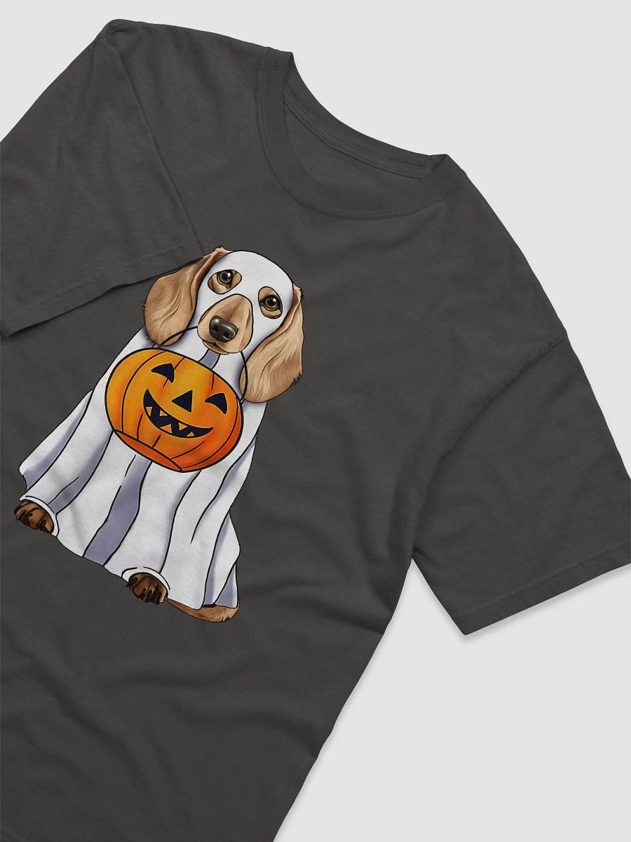 Dachshund(Longhaired) Halloween Tee | Funny Halloween Wiener/Doxie Wearing a Ghost Costume with Pumpkin Basket product image (8)