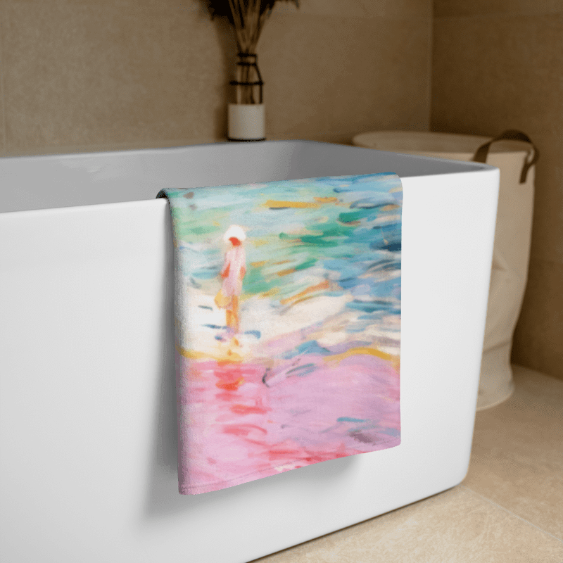 PASTEL SHORES BEACH TOWEL – 30"x60", COTTON TERRY BACK, IMPRESSIONIST COASTAL SCENE product image (2)