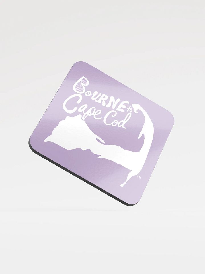 BOURNE to Cape Cod™ | Coastal Coaster | Glossed Cork | Eco-Friendly | Minimalist Coastal Decor | 3.74" Square | White Logo on East Side Lavender product image (1)