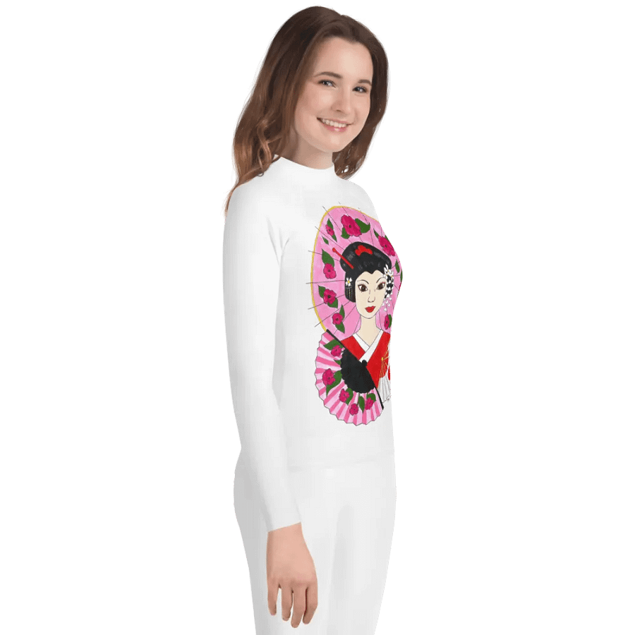 Japanese Geisha (art by Dina R.) acrylic painting picture - Youth Rash Guard product image (4)