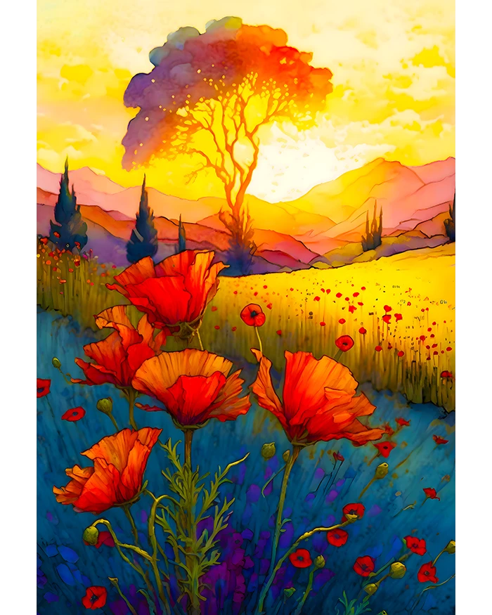 Red Poppies Blooming in Colorful Meadow at Sunset Watercolor Art Matte Poster product image (1)