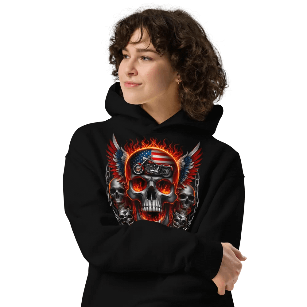 Flaming Skull American Flag Motorcycle Hoodie #26 product image (4)
