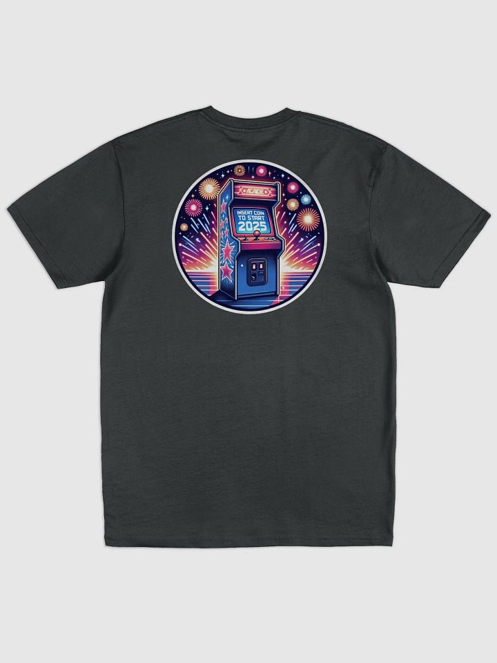 Arcade Gamer T-Shirt – Retro “Insert Coin to Start 2025” with Fireworks product image (32)