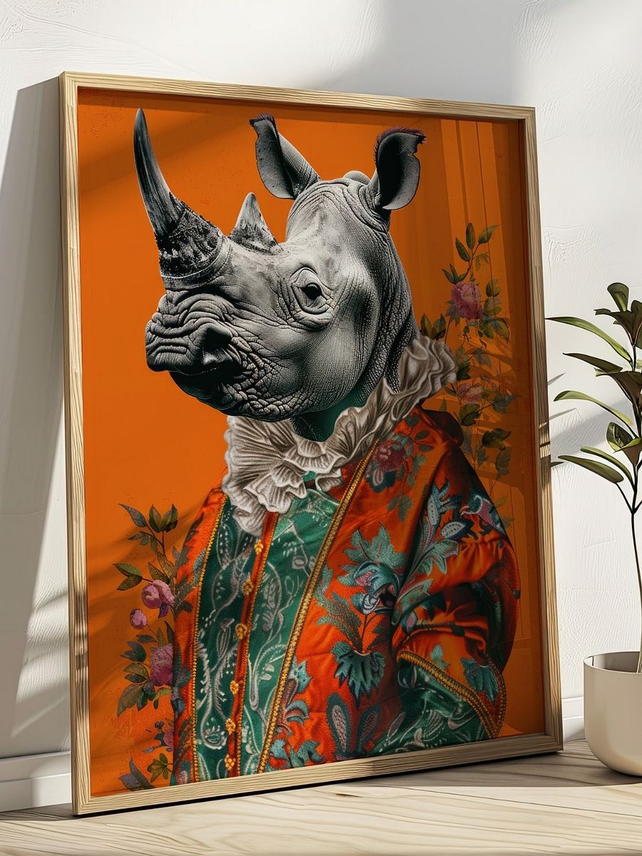 Rococo Rhino Portrait Burnt Orange Animal Fashion Art Print product image (1)