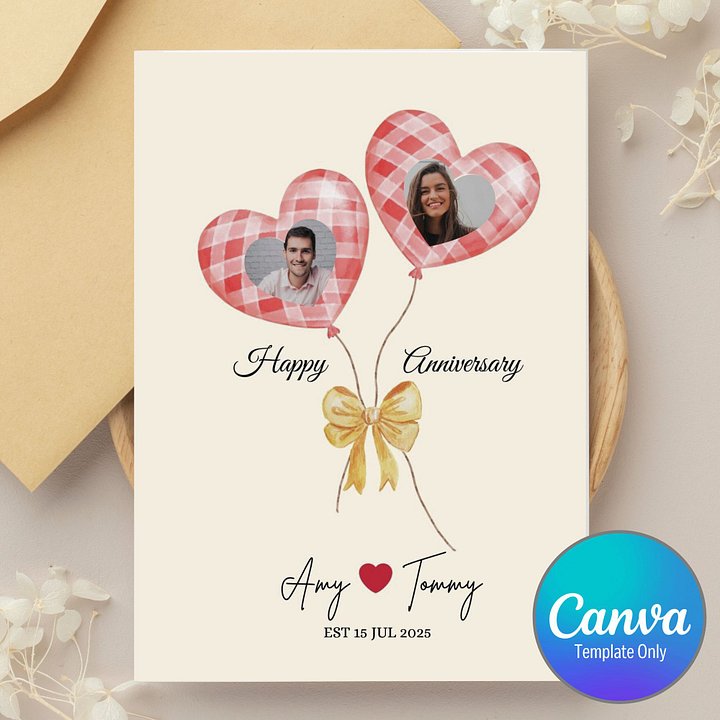 Two Red Gingham Balloons Heart-shaped Photo Anniversary Card Template product image (1)